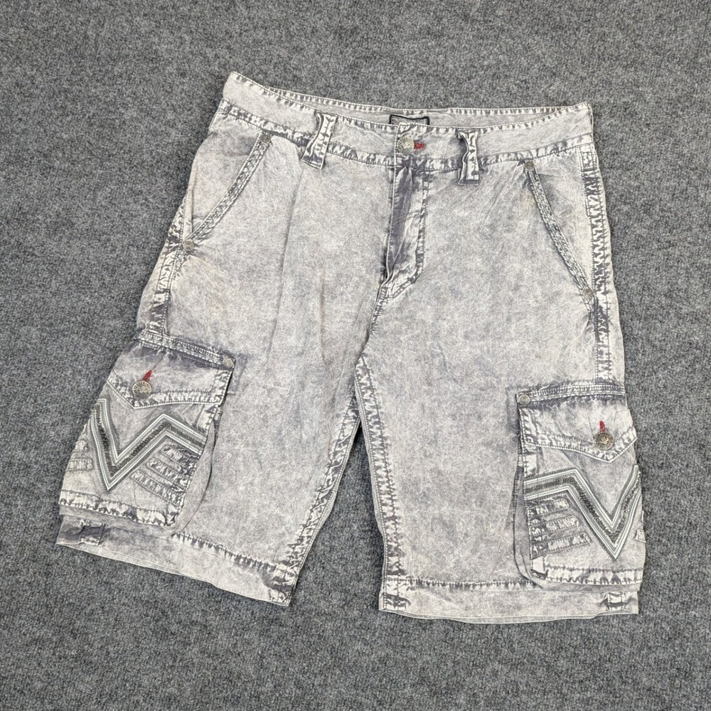 Affliction Mens Gray Acid Wash Cargo Shorts Embroidered 34 Biker Y2K Grunge